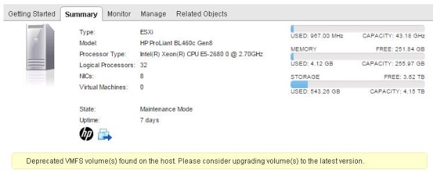 Deprecated VMFS Volumes found on ESXi six. 0